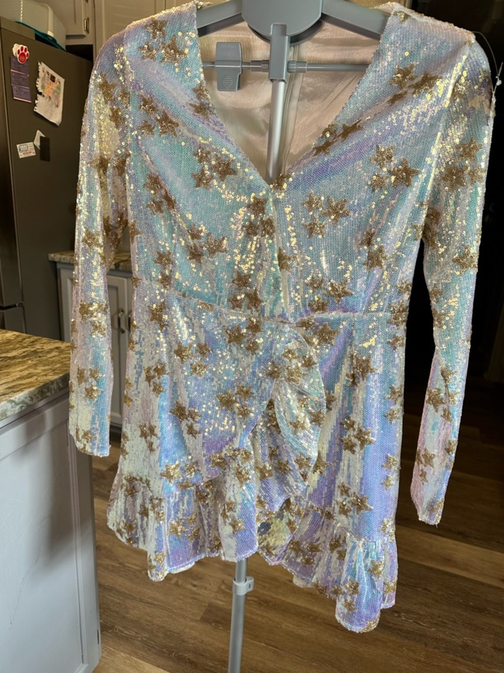 Iridescent Pastel Sequin Mini Dress with Gold Stars